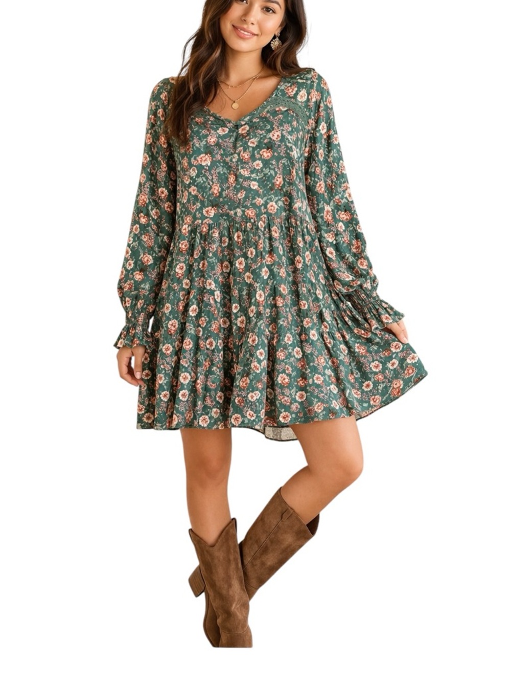 Green Floral Long-Sleeve Mini Dress